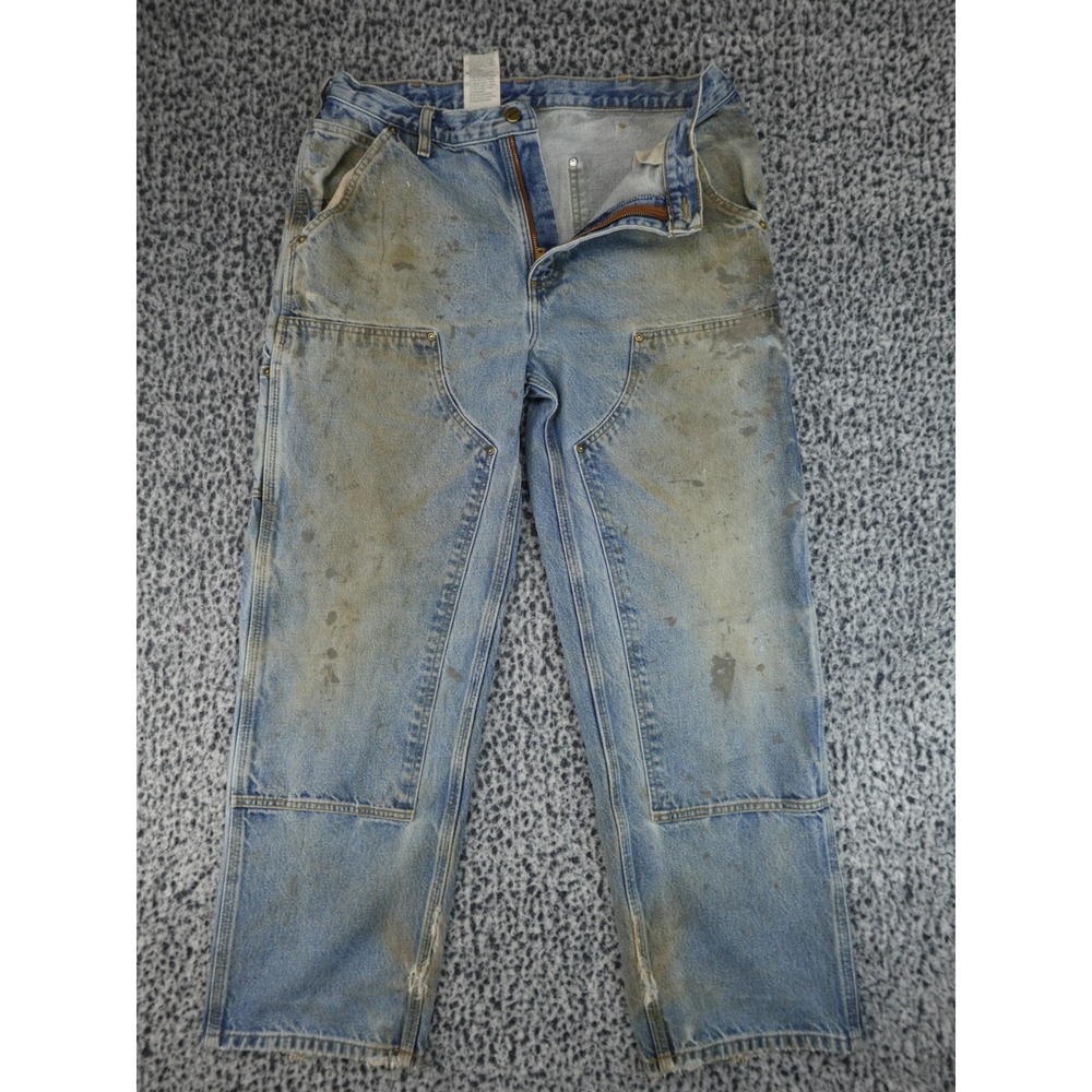 Carhartt Double Knee B73DST Jeans Mens 34 Blue Distressed Stained Grunge